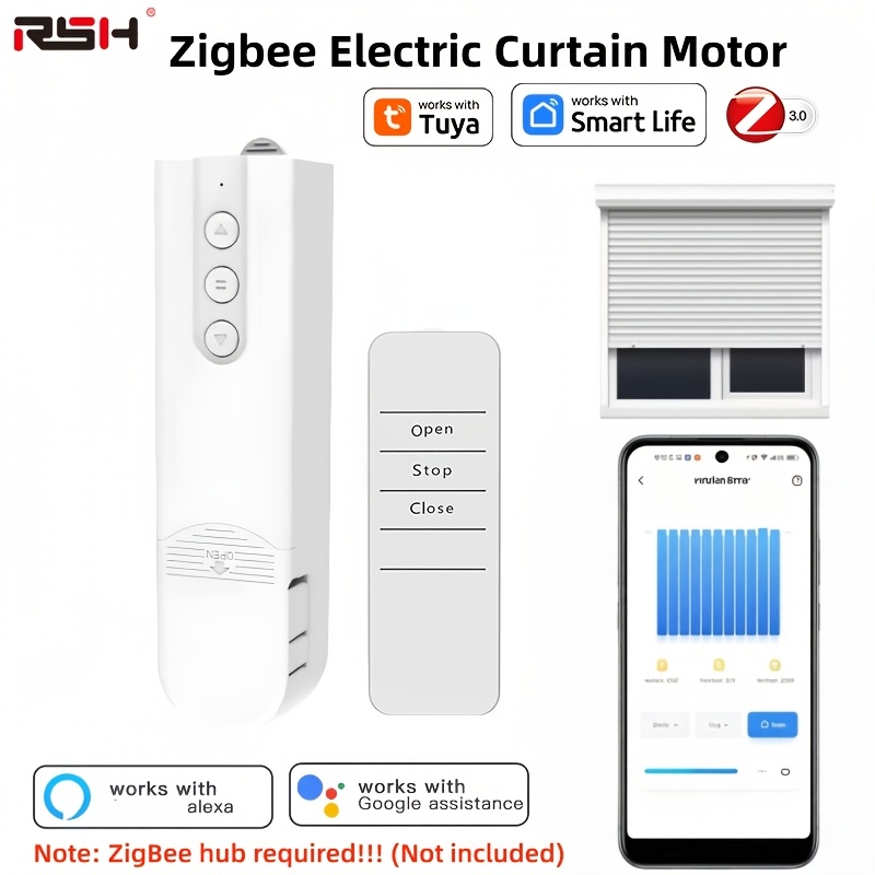 Image of Rsh Zigbee 3.0 Roller Shutter Motor, Smart Control Electric Curtain Motor With Remote Control, Voice Control Compatible With Alexa Google For Home, Roller Blind Motor For