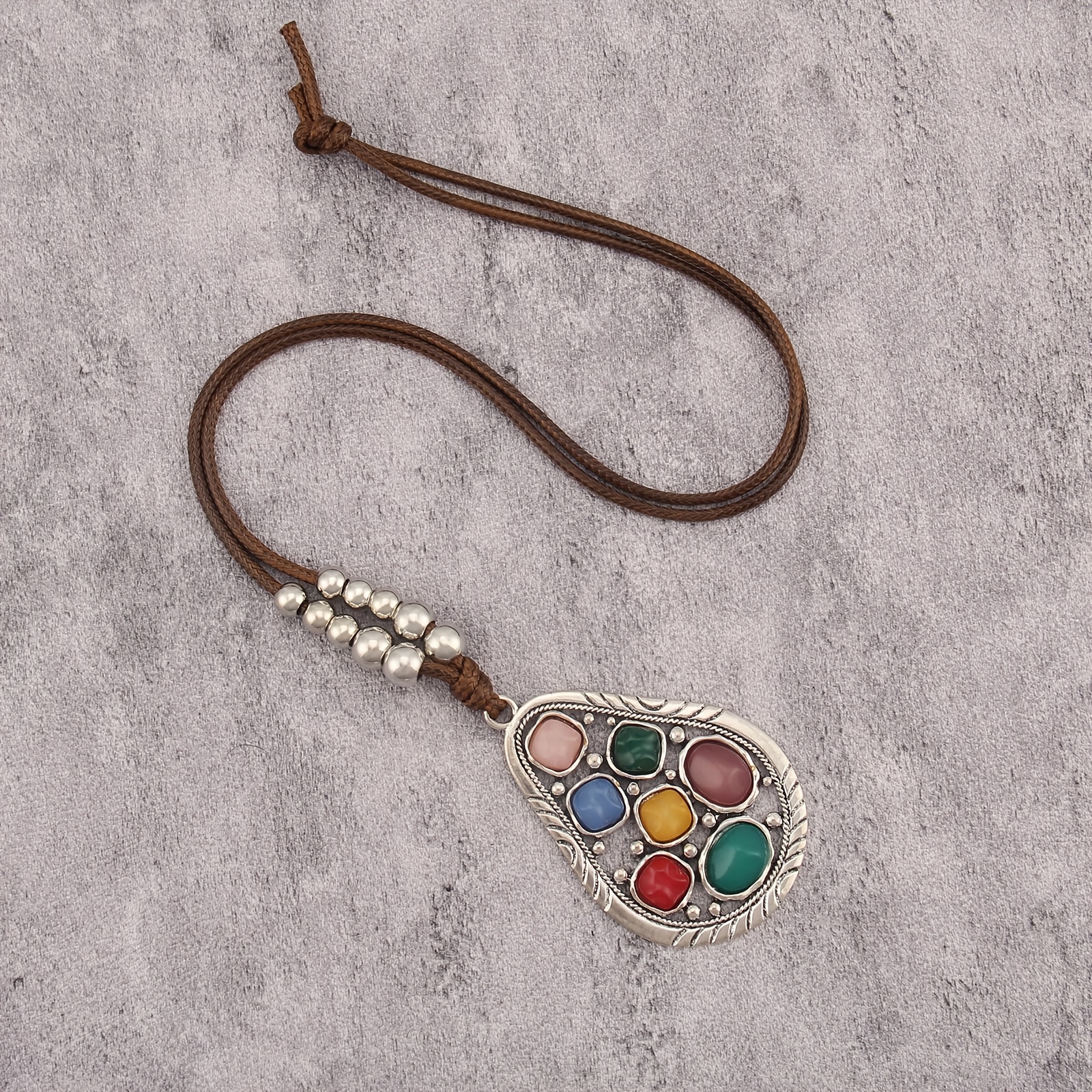 Unisex Bohemian Multi-Colored Stone Teardrop Pendant Necklace