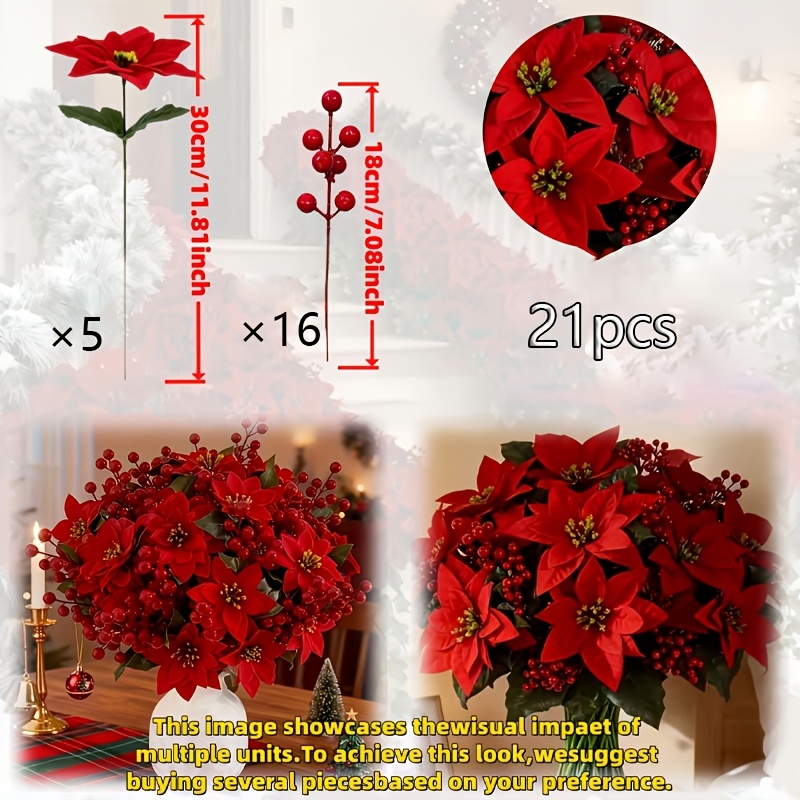 TEMU di 21 pezzi di artificiali realistiche con e foglie - , per decorazioni natalizie per interni/esterni, centrotavola per feste di nozze,