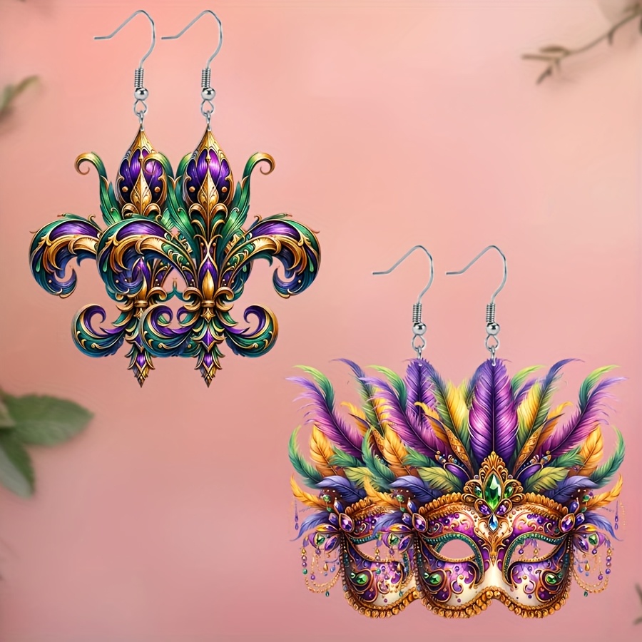 

Vibrant Mardi Gras Acrylic Earrings - Drop & Dangle Jewelry With Cartoon , Party Mask Pattern, And - Unique Female Ear Ornaments For , Carnival/mardi Gras/masquerade