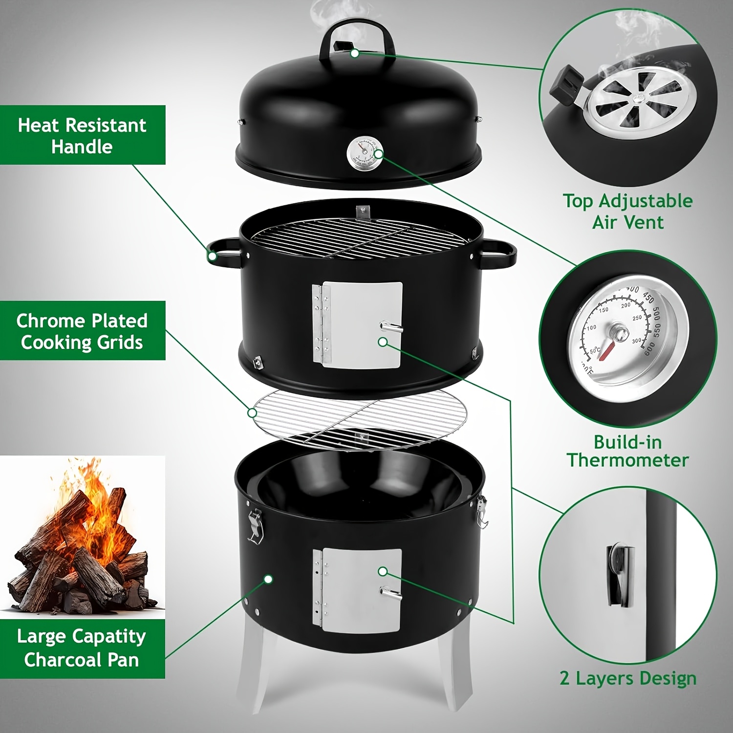 Vertical Charcoal Smoker Grill - 17-Inch 3-Tiers, Portable Zinc Alloy BBQ Grill with Temperature Control, 3 Cooking Levels & Griddle Top, Includes Handles Grates & Tongs, for Camping Backyard Outdoor Cooking, Compact Design, Durable Construction