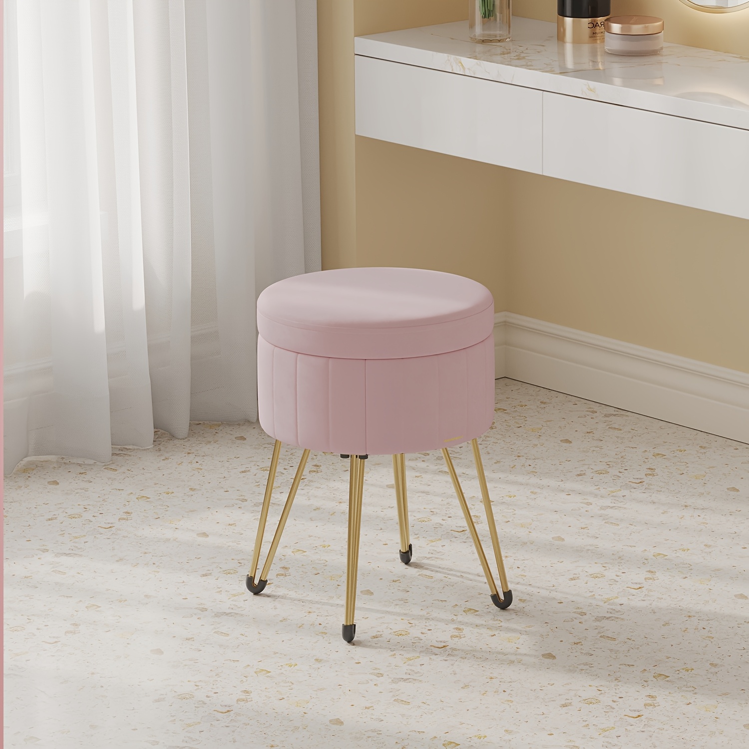 TecTake® Storage Stool With Soft Velvet-Look Cover & Golden Steel Base