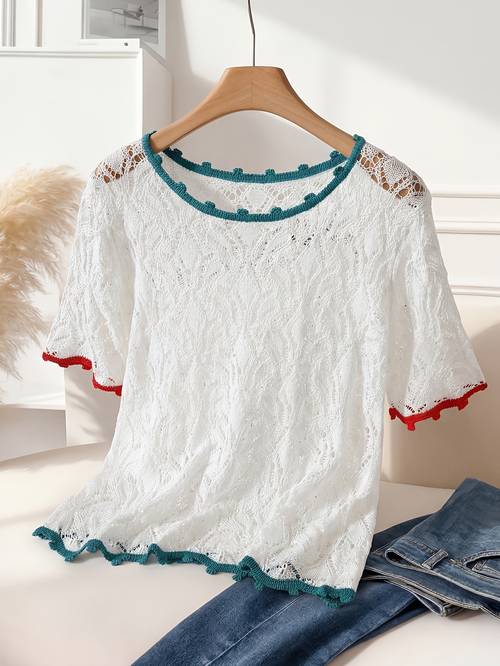 loose fit lace blouse top breathable openwork short sleeve round neck beach shirt with contrast trim semi sheer suitable for spring summer vacations casual wardrobe essential