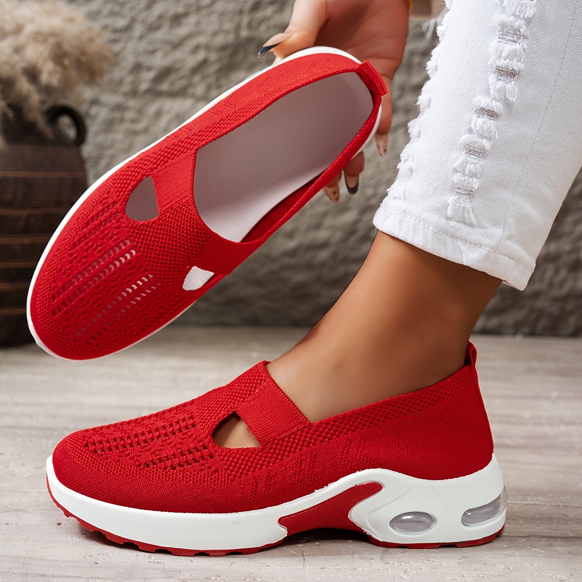 women's breathable mesh slip sneakers comfortable red Temu Bahrain