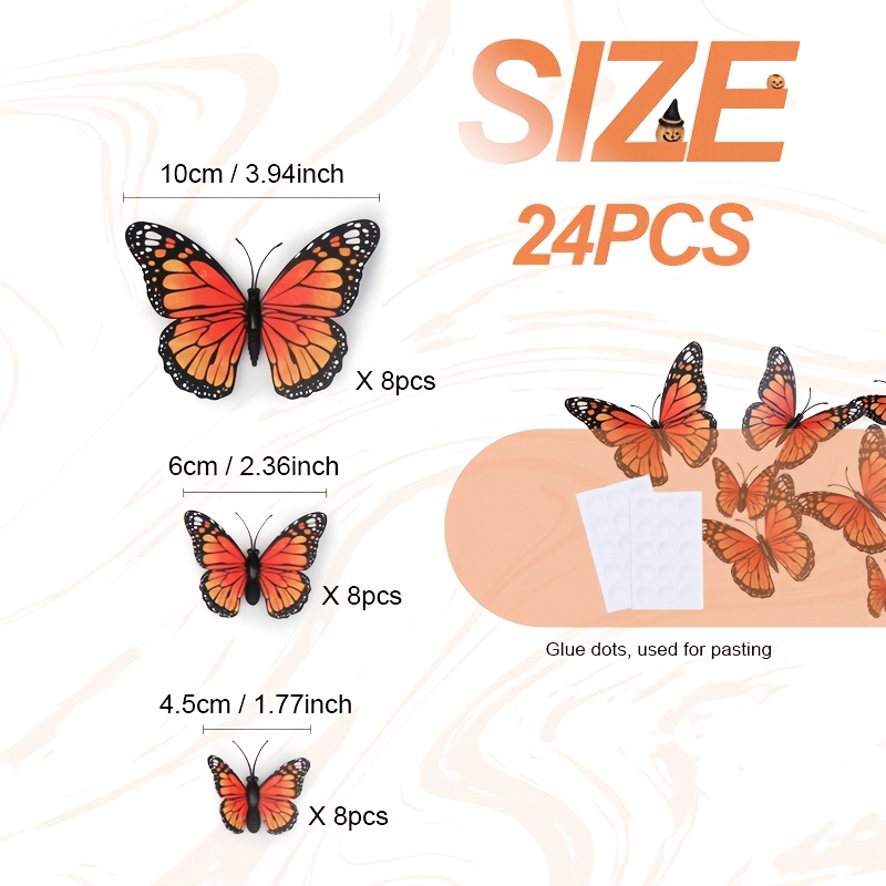 TEMU 24 piezas de decoraciones de pared 3D de mariposas reales, mariposas naranjas de PVC impermeables para decoración de fiestas, decoración de