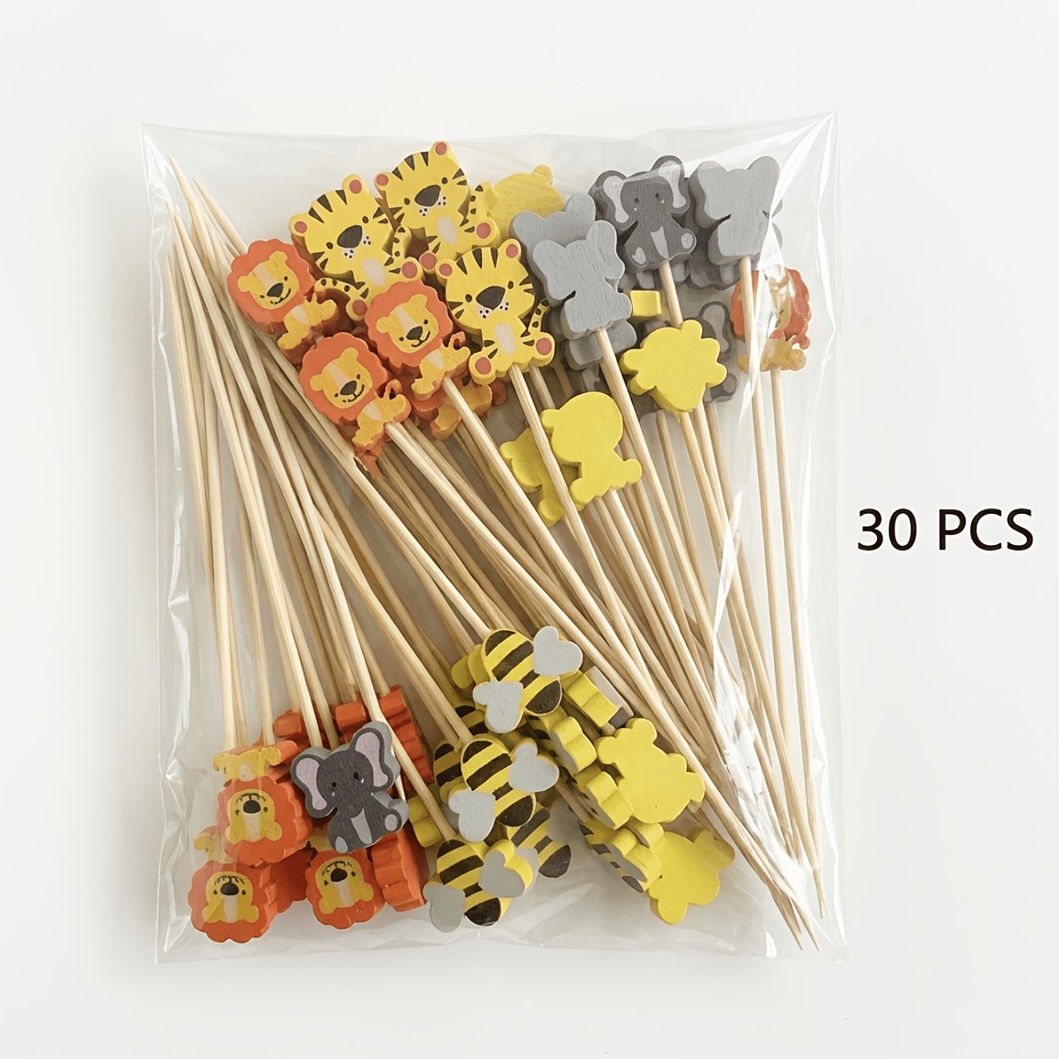 Image of 30pcs Bamboo Animal-themed Bee Elephant Toothpicks - Color-painted Suitable For Drinks, Bar Garnishes, Party Appetizers, Parties, Themed Events - Decorative Picks For & Snacks