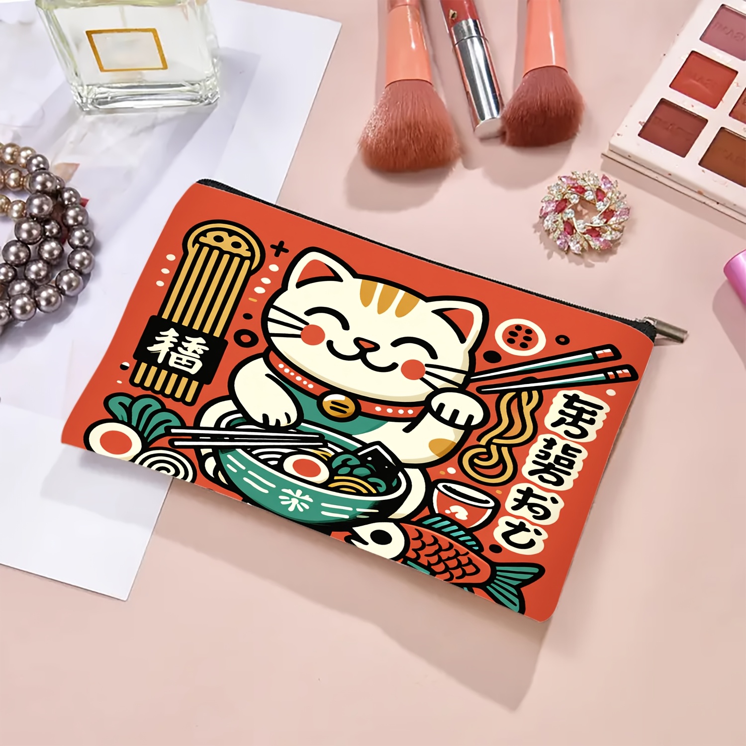 TEMU Bolsa de Maquillaje Multifuncional de Viaje con Ilustración de y Ramen Japonés, Bolsa de Emergencia para Snacks, Bolsa de Almacenamiento con