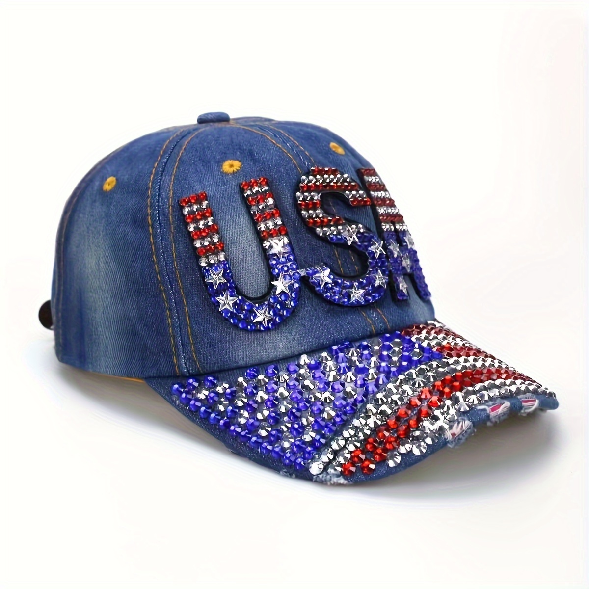 

Unisex Usa American Flag Baseball Cap Denim Distressed Hat For Adults, Fun Hats, Denim And Diamond Hat, Sparkly Gifts