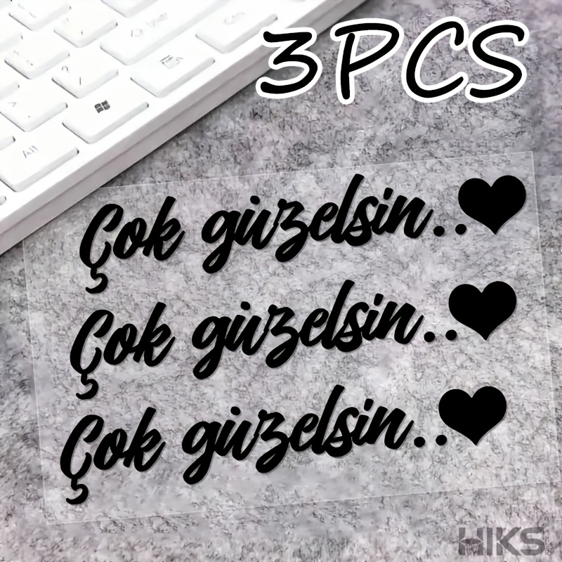 3pcs Turkish Copywriting And Love Pattern Car Stickers Multicolored Optional Waterproof, Durable, High- Rearview Window, Center Rearview, Universal Modified Decorative Stickers