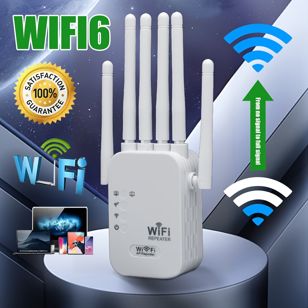 Amplificador de señal WIFI6 con 6 antenas omnidireccionales de 360°, soporta puertos Ethernet, 35 dispositivos en línea simultáneamente sin retrasos, cubre una superficie de 11000 pies cuadrados, penetración fuerte para hogares grandes o oficinas de varios pisos.