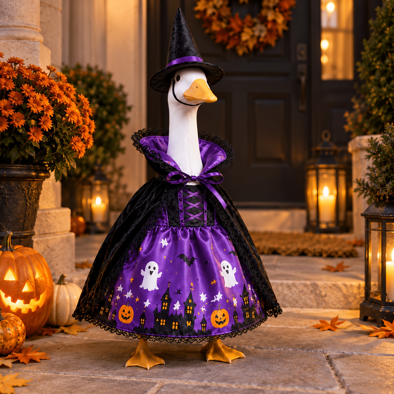 TEMU Ensemble de costume de de porche de sorcière d'Halloween, chapeau de sorcière, cape en dentelle et tenue de robe imprimée de citrouille de de