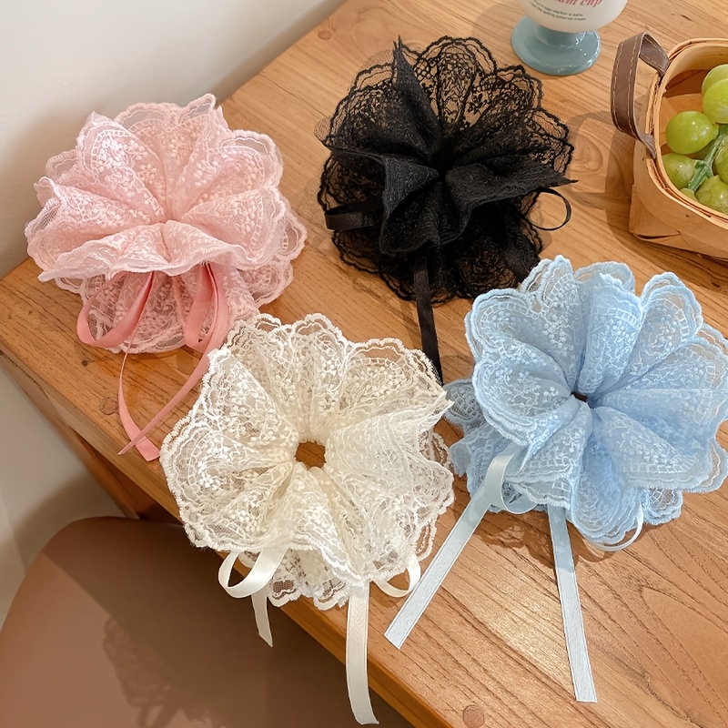 Ruffle Lace Trim Drawstring Large Ponytail Holder
