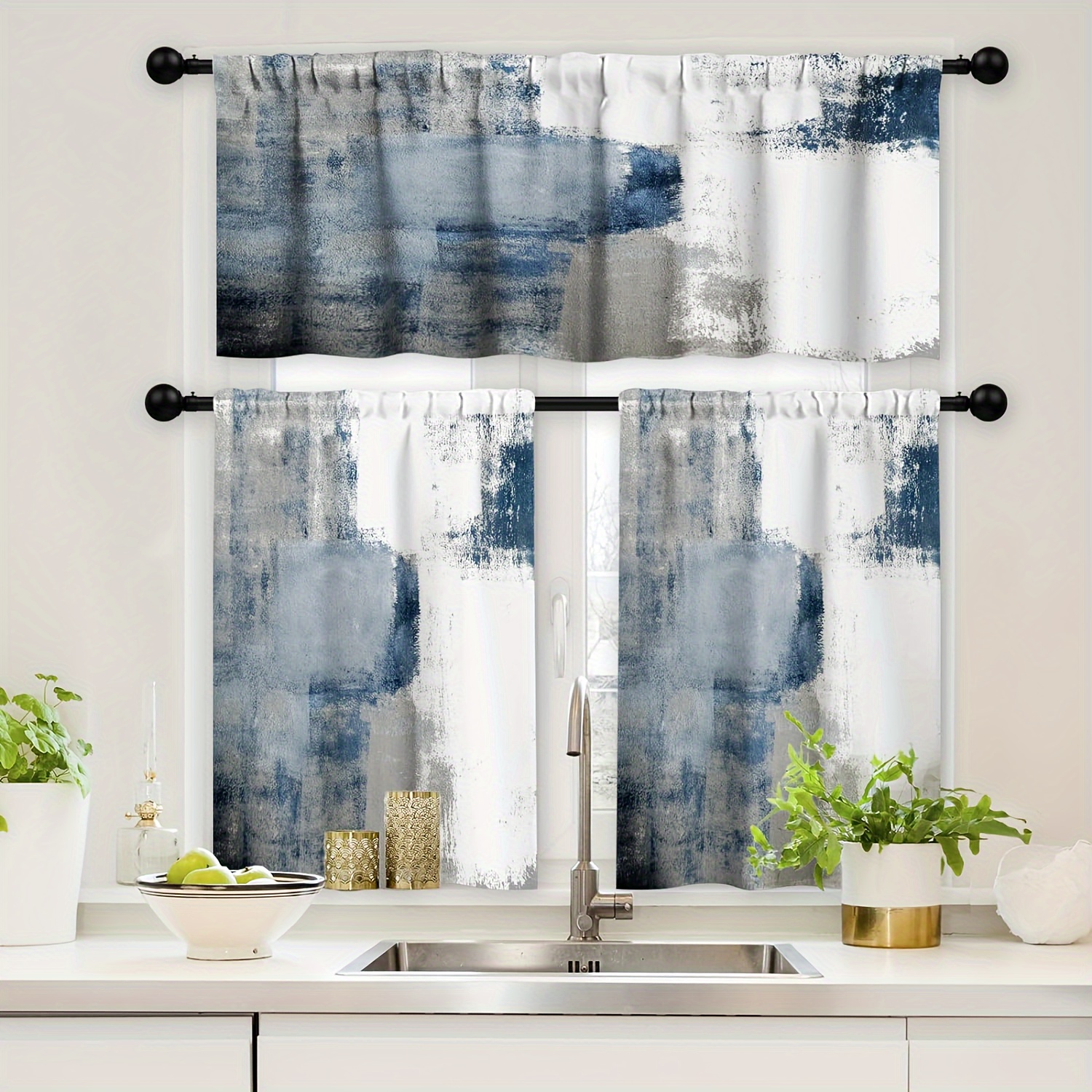 

Kitchen Curtains And Valances Set 3 Piece Kitchen Curtains 36 Inch Length Small Kitchen Window Curtains Over Sink Blue Grey Modern Abstract Art Window Treatment Tiers For Window Decor, Blue