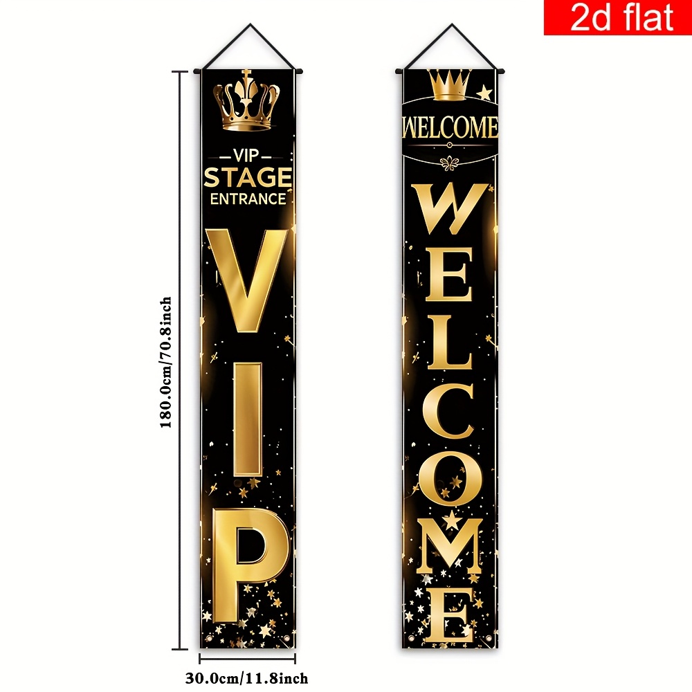 E-shop 2D Flachbanner, 1 Paar, VIP-Bühnen-Eingangsschild, Polyester, Schwarz mit goldenen Sternen und Kronenmuster – geeignet für Veranstaltungen,