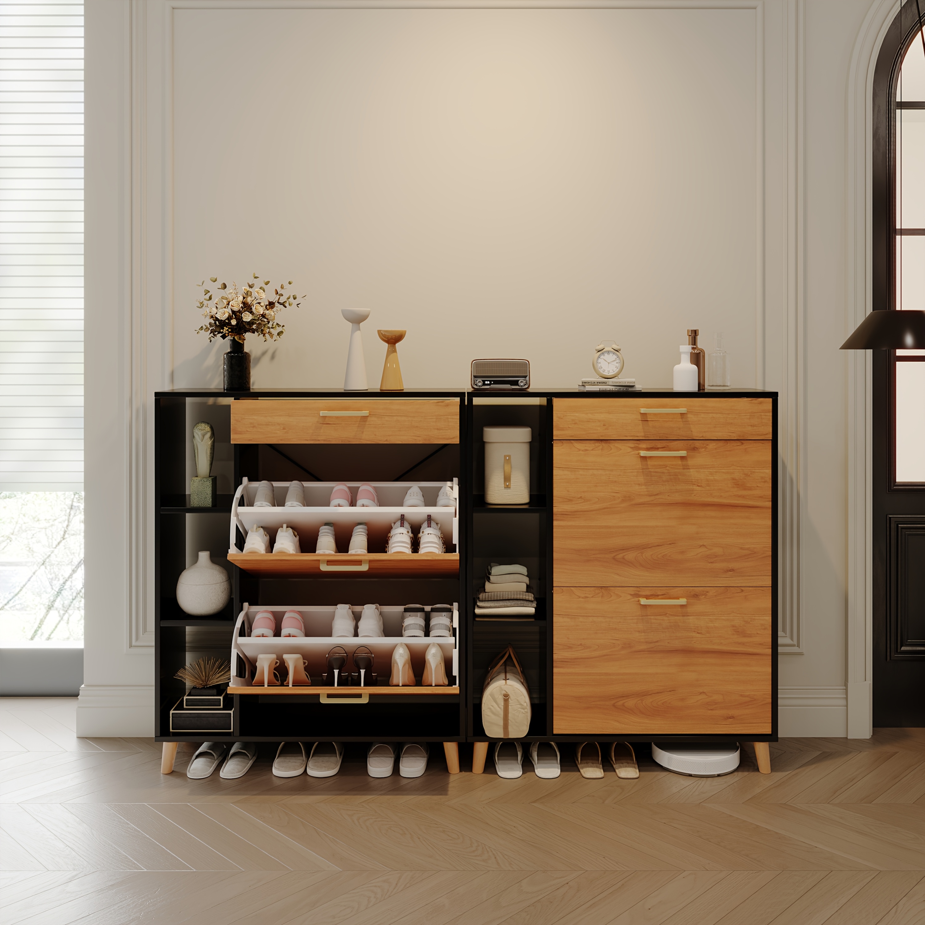 Image of Shoe Storage Unit Made Of Wood Featuring And 1 Drawer, Designed For Organizing Footwear In , , Or Living Rooms, In White