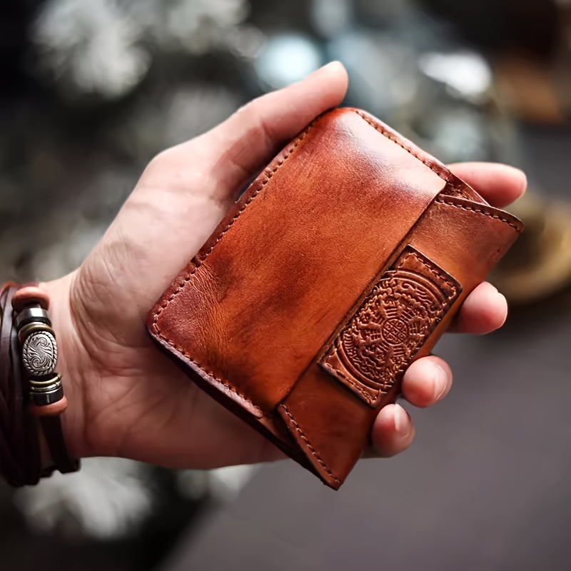 

Vintage-style Genuine Leather Bifold Wallet - Handcrafted, Cowhide With , Slim Coin Purse & Card Holder For Men, Leather Wallet