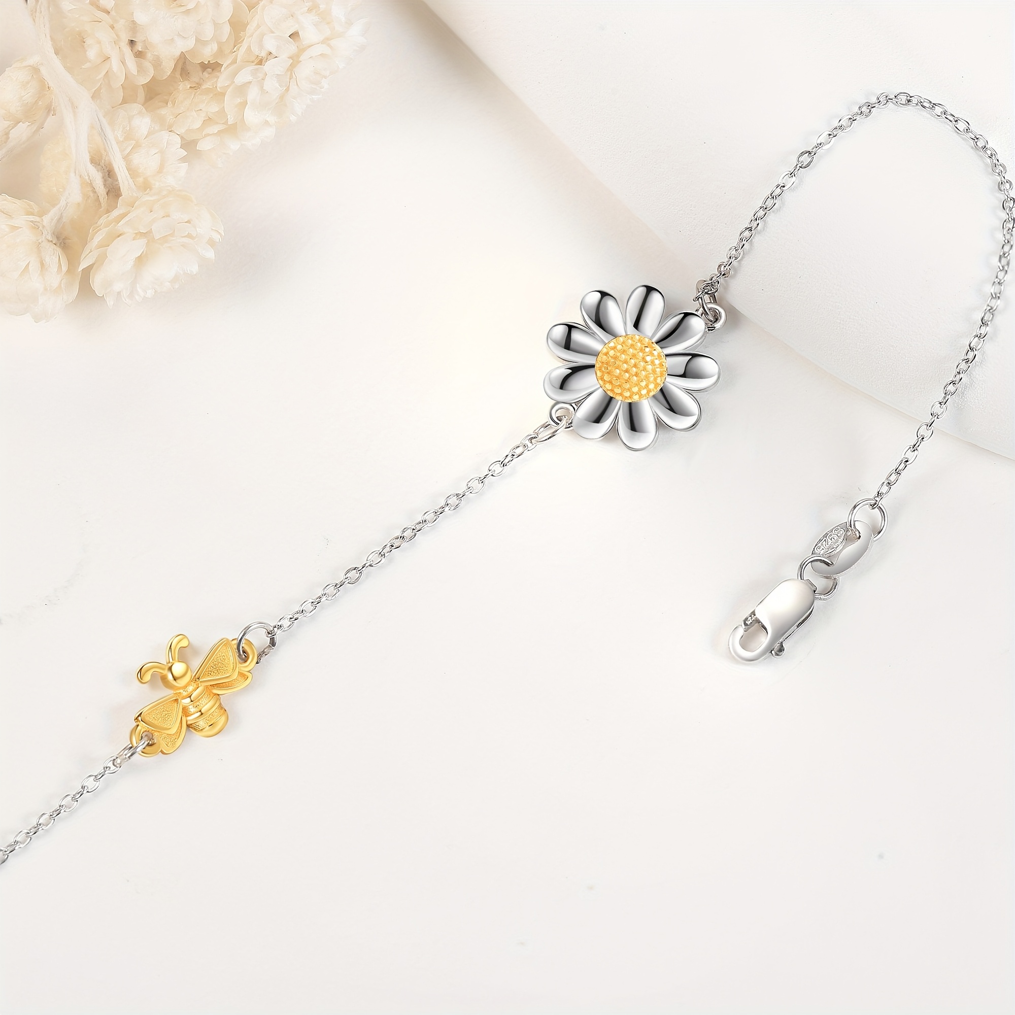 925 Sterling Silver Daisy and Bee Bracelet