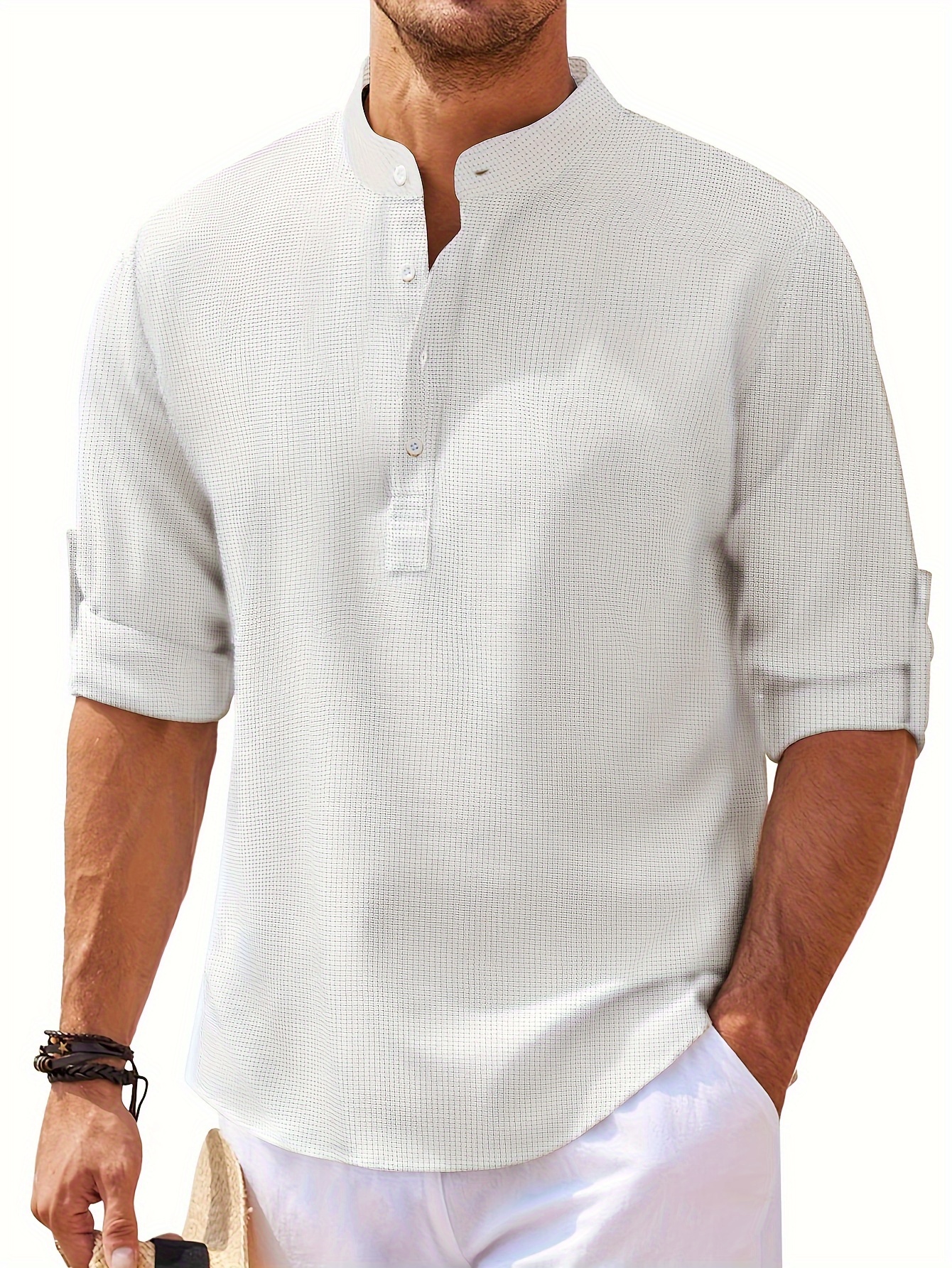 Men's Retro Casual Long Sleeve Stand Collar Shirt With Half Button Spring Fall Outdoor