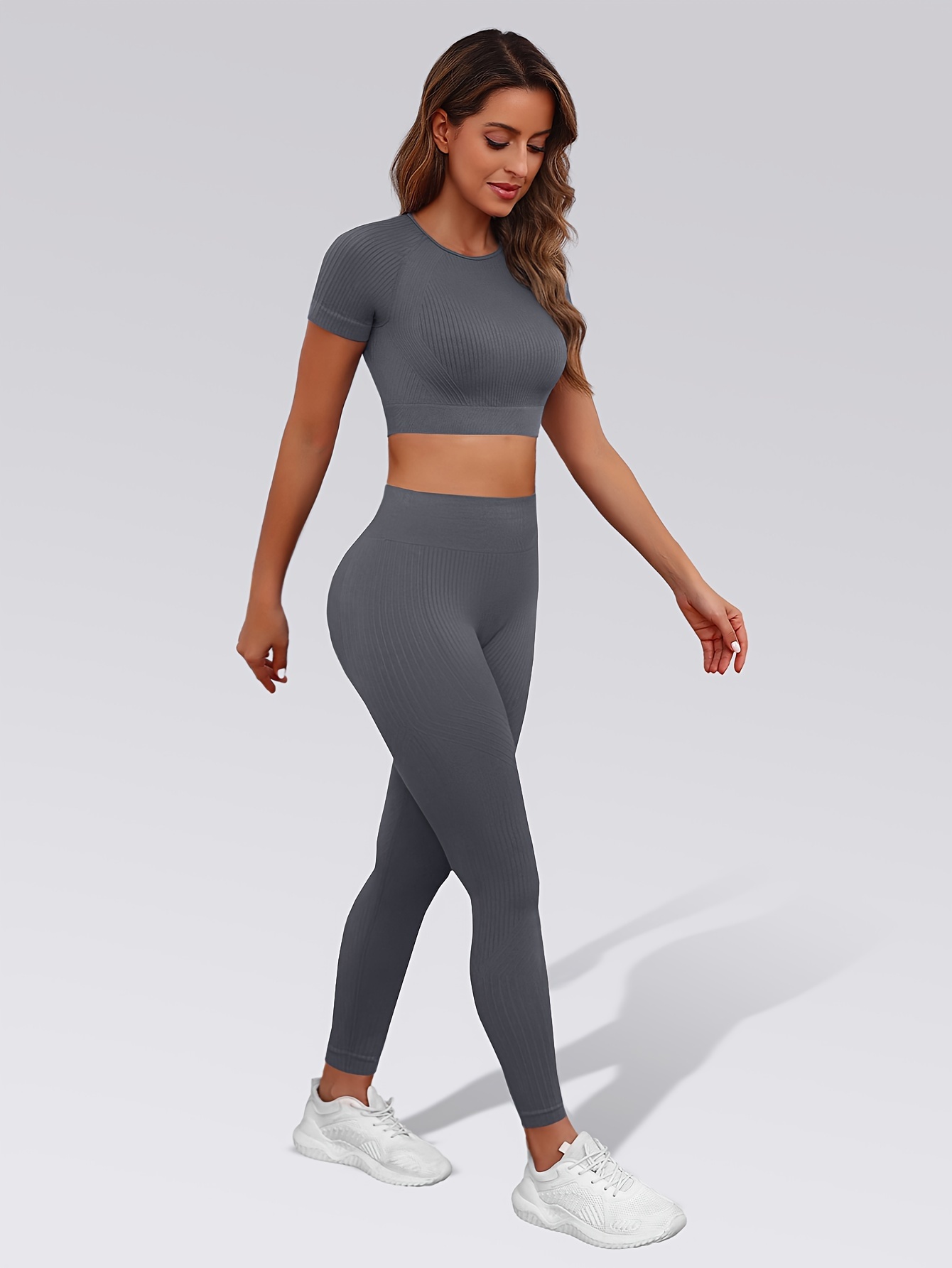 womens 2pcs seamless ribbed short sleeve crop top high Temu Portugal