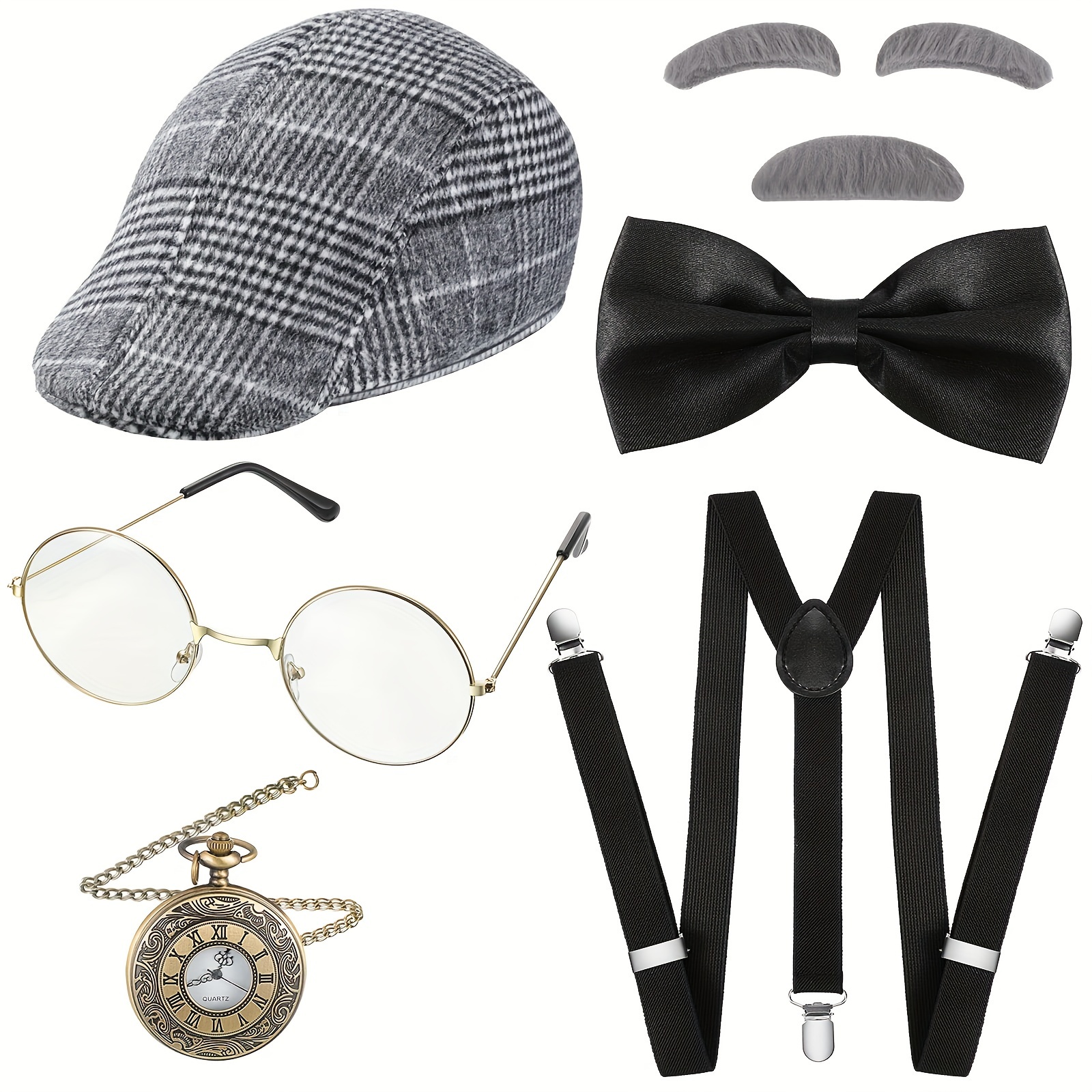 

8pcs Old Man Costume, 1920s Accessories Set, Hat, Glasses, Pipe, Eyebrows, Bow Tie, Pocket Watch, And Suspender, Elegant Polyester Accessories For Men