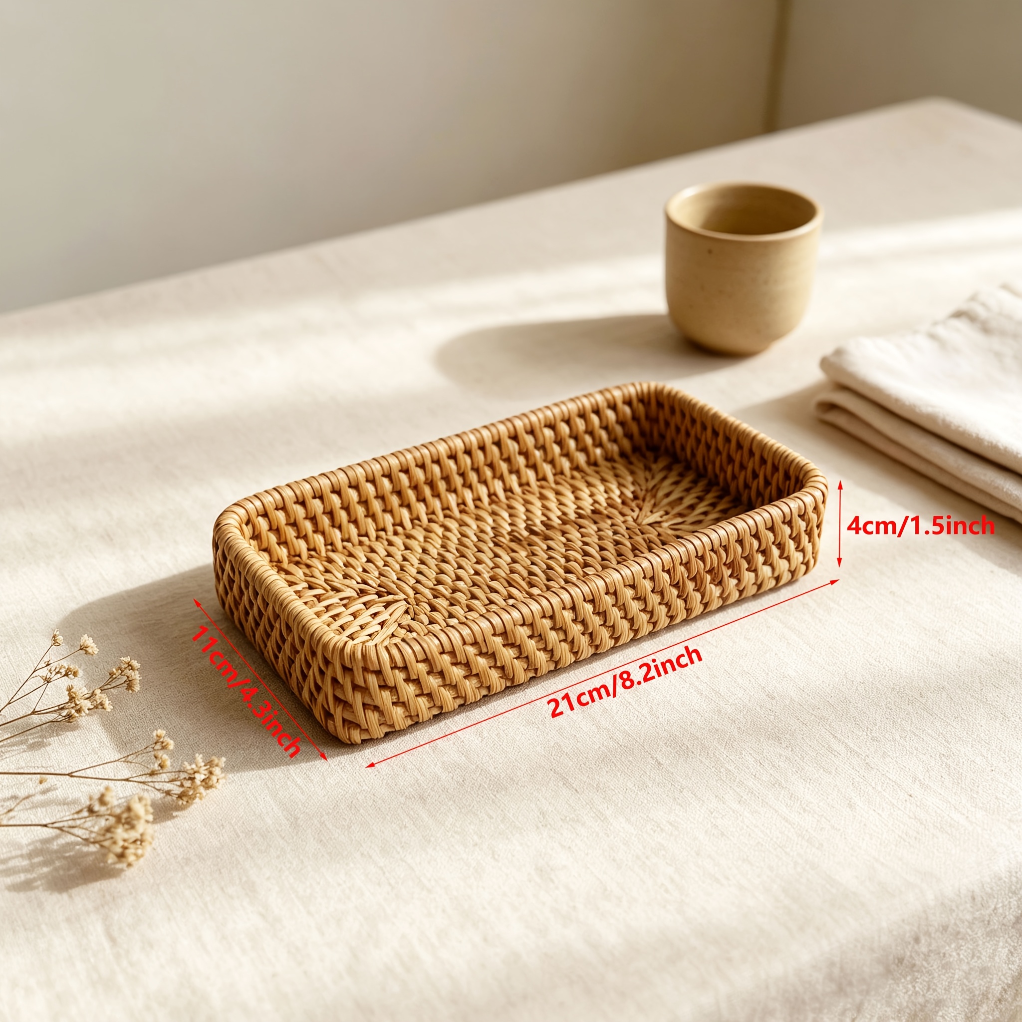 TEMU Vietnamese Autumn Rattan Rectangular Multi-functional Storage Basket, Rattan Bread Basket, Sundries Storage Basket