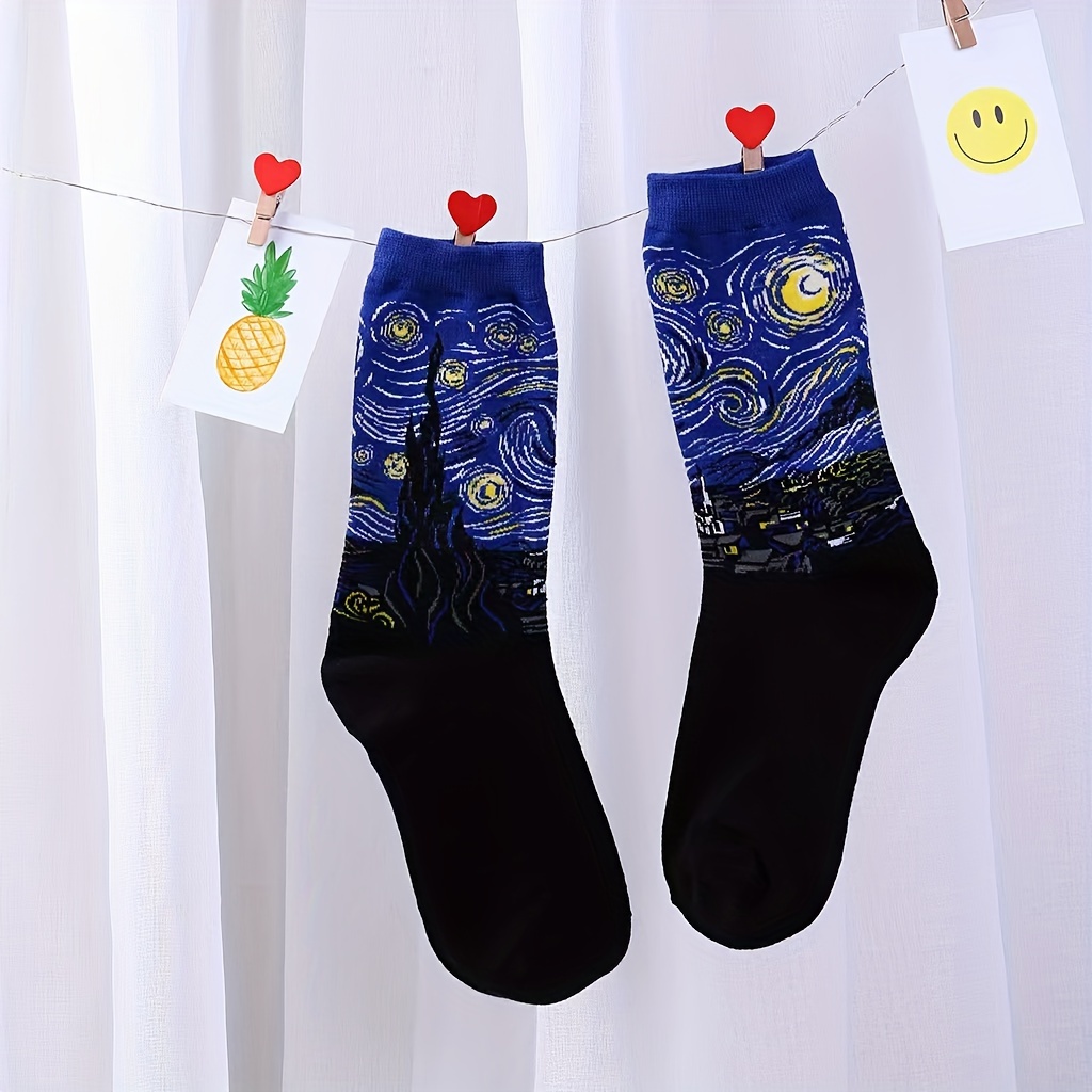 

Starry Night Inspired Crew Hosiery, 1 Pair, Van Knit Fabric, Breathable, Comfortable, 98% Cotton 2% Polyester, Cartoon Pattern, Hand Wash/ Recommended