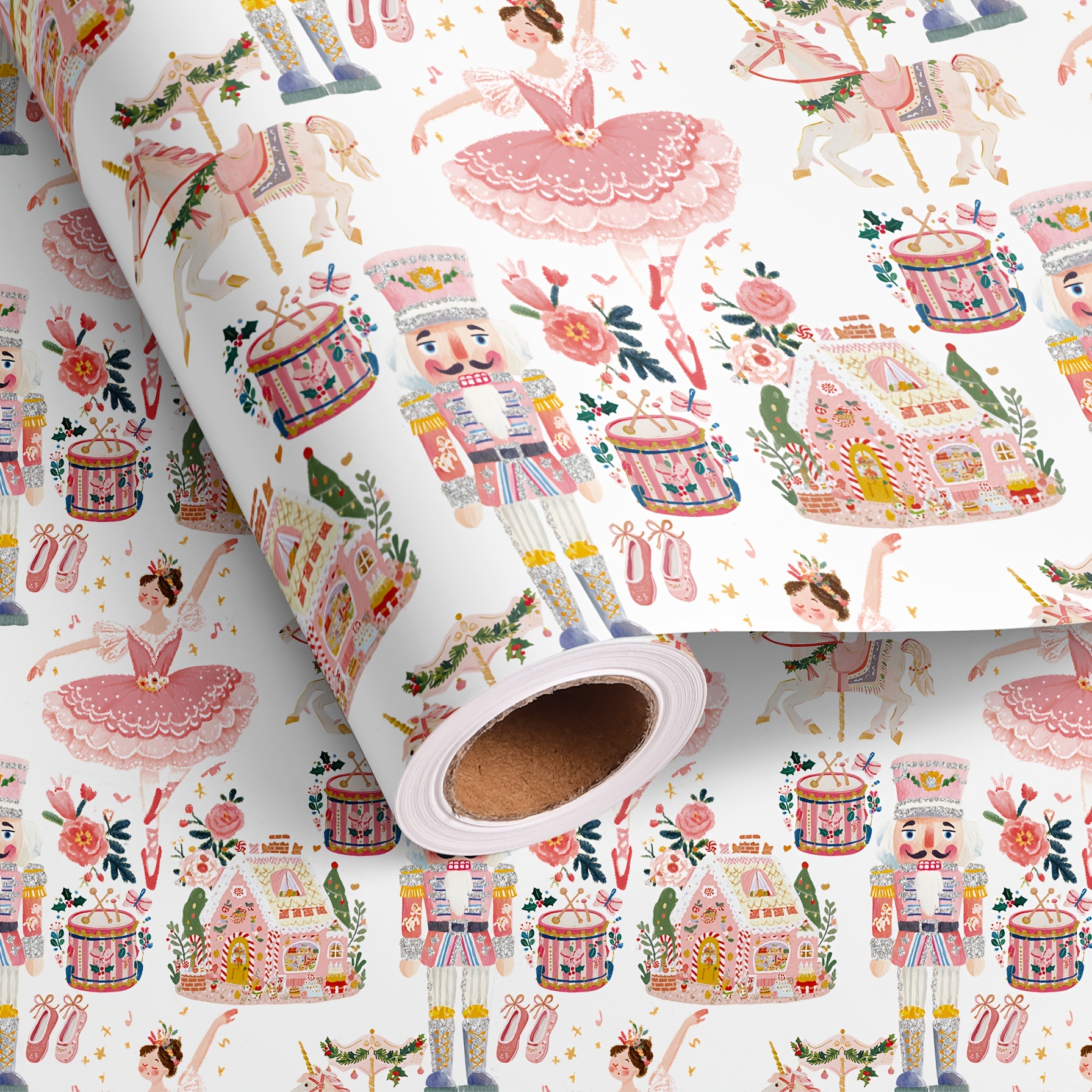TEMU 1 Rouleau de Poupée Ballerine Rose - Motif Poupée Ballerine Maison d'Épices Tambour Fleur Boîte Cadeau Emballage Cadeau pour Noël, Fêtes,