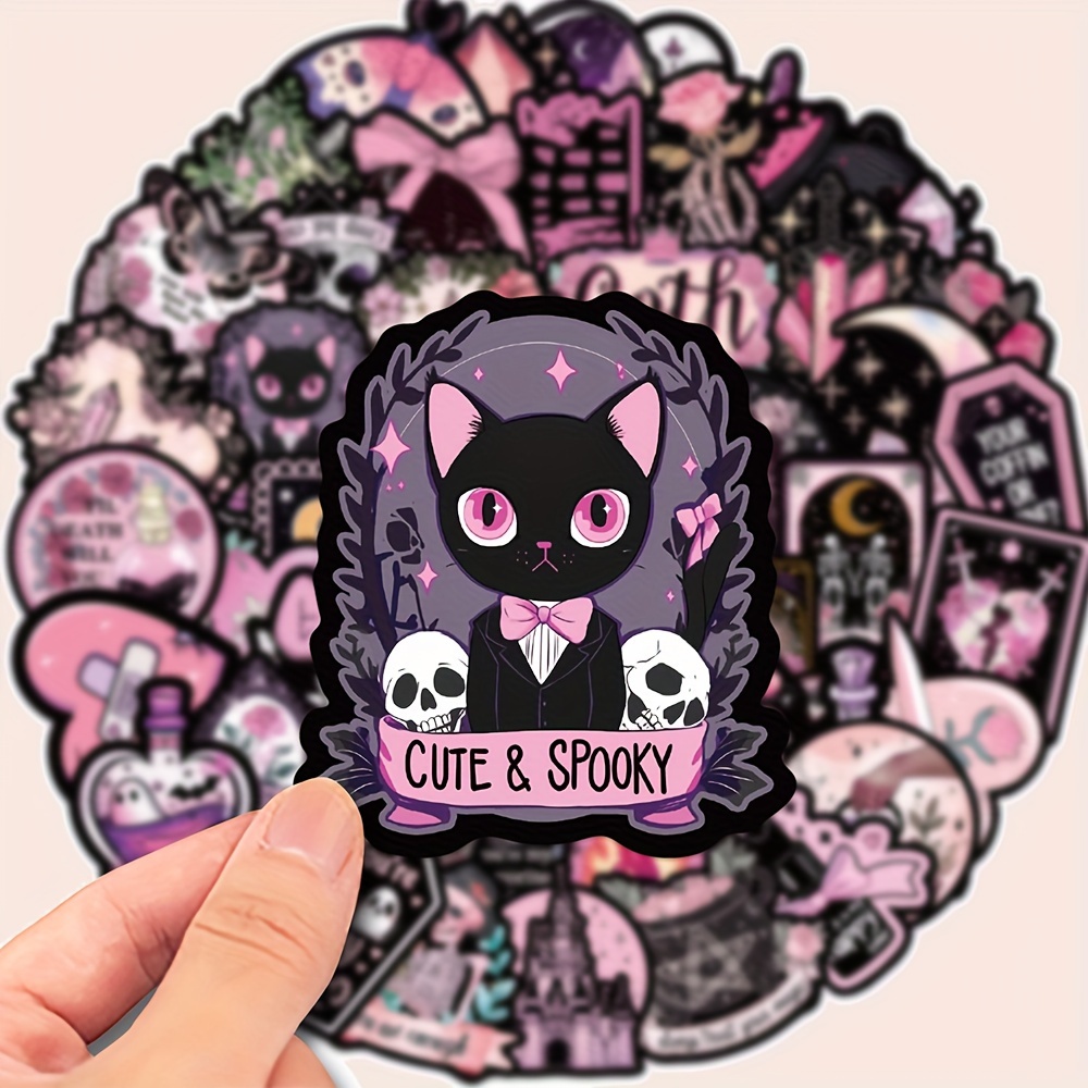 

Gothic Cat & Halloween Stickers 50-pack, White Vinyl, Waterproof Stickers For Laptop, Phone, Guitar, Helmet, Luggage - No Electricity Required