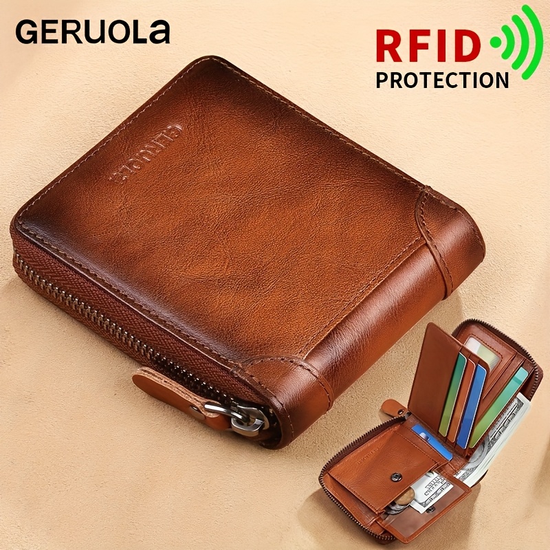 mens genuine leather zipper short wallet vintage money clip