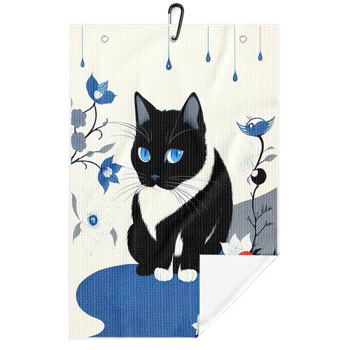 blue and white floral black cat pattern golf towel with japanese minimalist style golf towel with circular metal hook ultra fine soft suitable for golfers ideal for sports enthusiasts