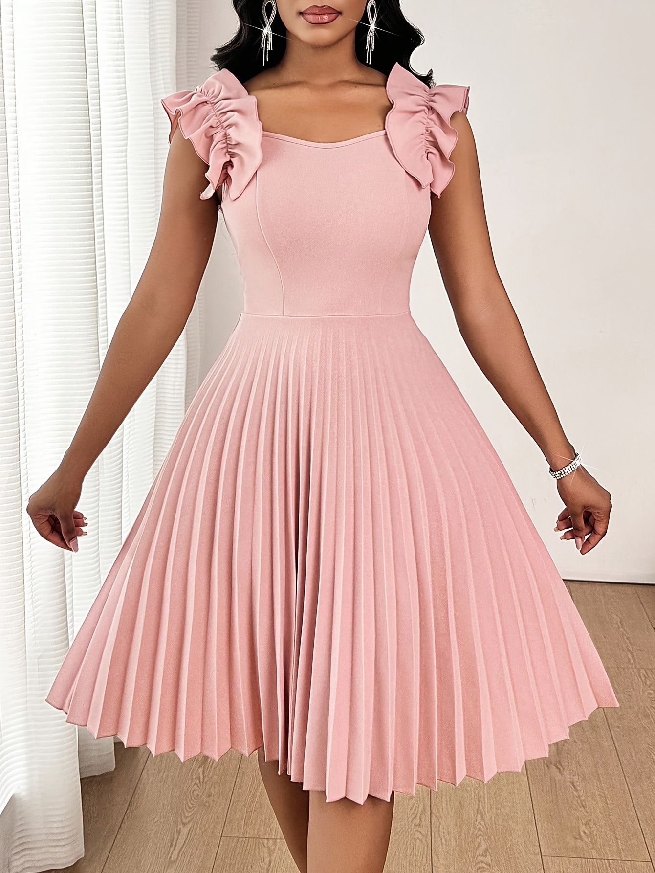 New Pink Ruffle Pleated Fashion Mini Dress, Elegant Women's Dress, Pleated Dress, Suitable for Holiday Parties, Back-to- Season, and Various Occasions