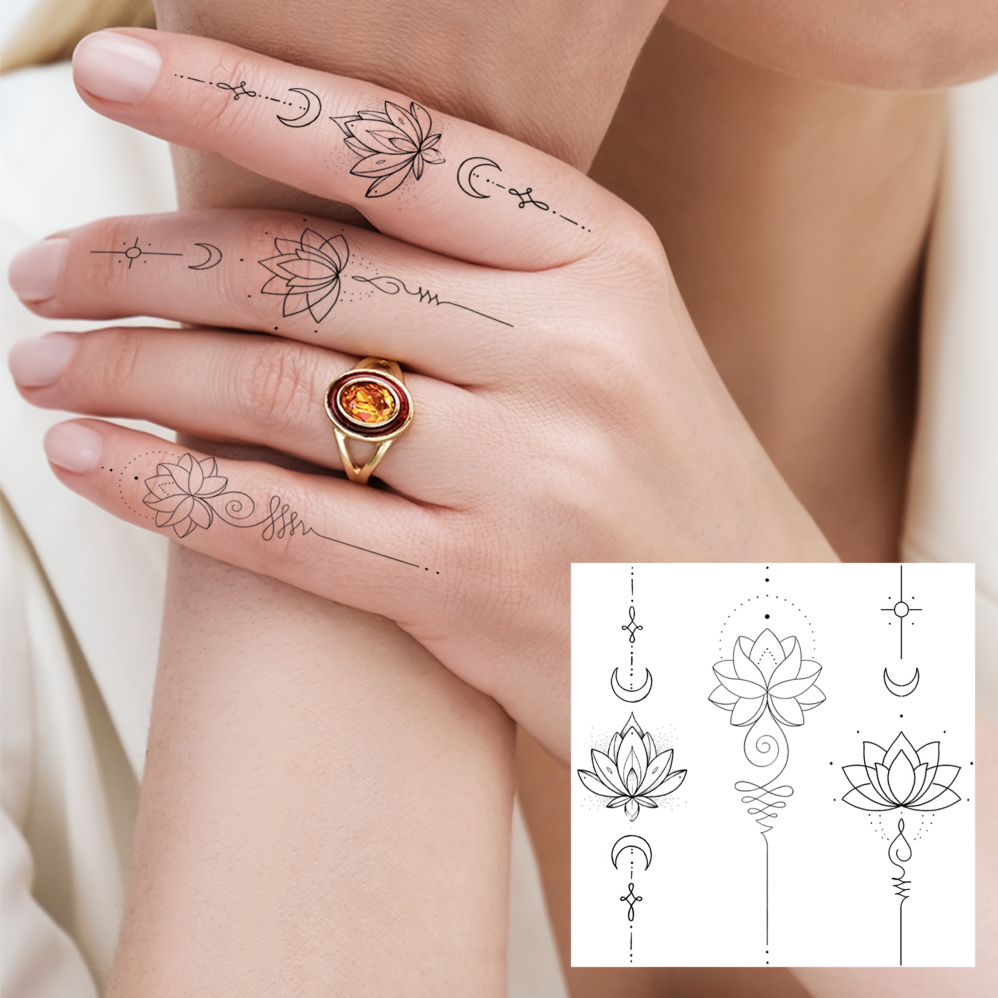 1 Sheet For Lotus Moon Temporary Tattoos For Women Men Hands Finger Foot Neck Waist Legs Thigh Forearm Shank Half Sleeve Arm, Temp Fake Tattoo Stickers Waterproof Long Lasting Realistic Tatoos