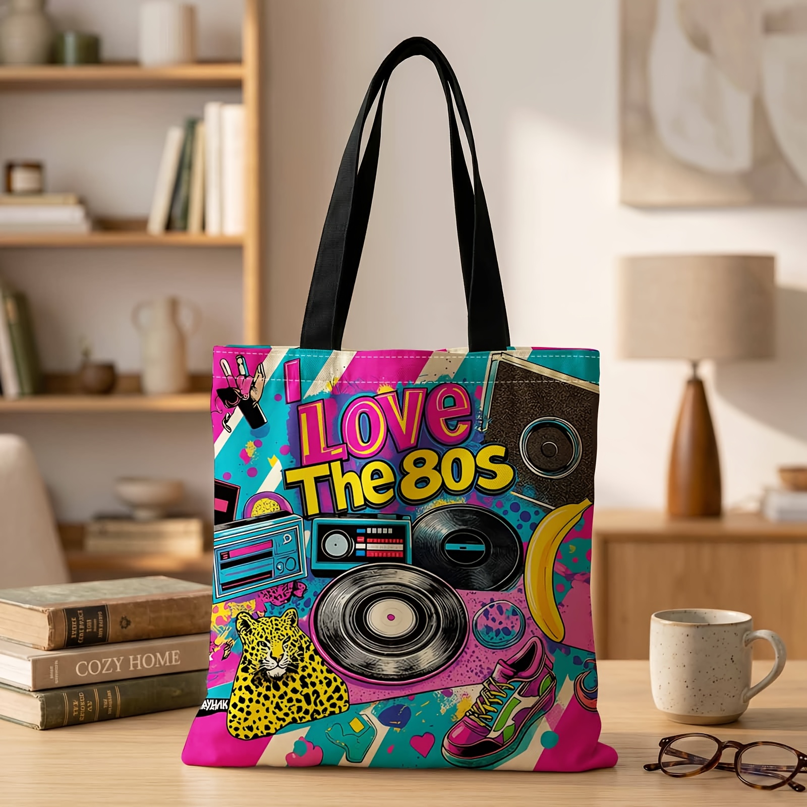 TEMU 1 pièce Sac à main imprimé 2D avec motif Vibes, Sac à bandoulière tendance réutilisable, Sac fourre-tout de courses adapté pour le shopping, ,