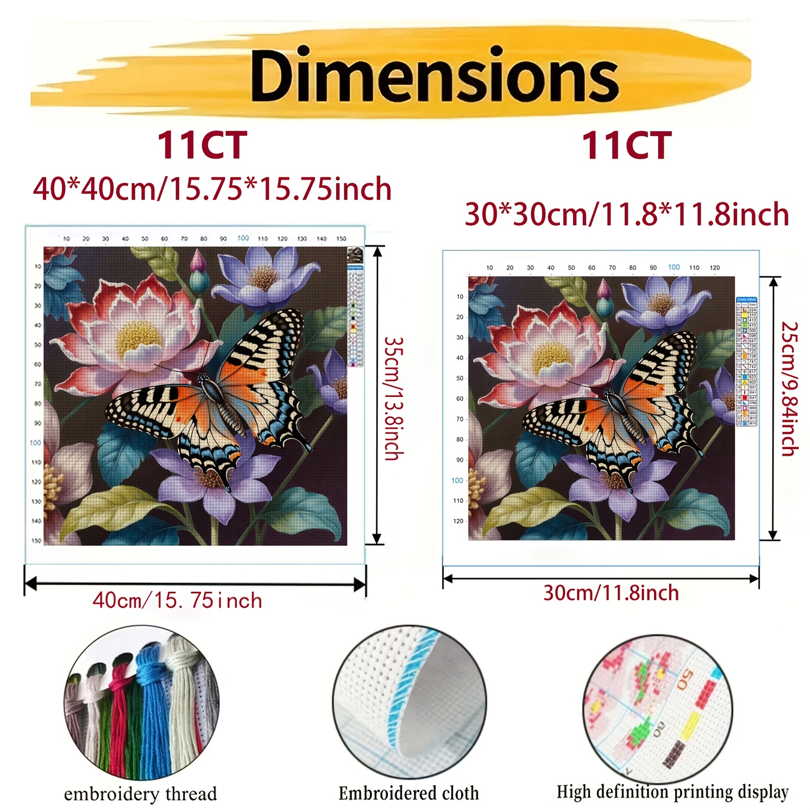 Cross Stitch Kit, Colorful Butterflies Resting on Flowers
