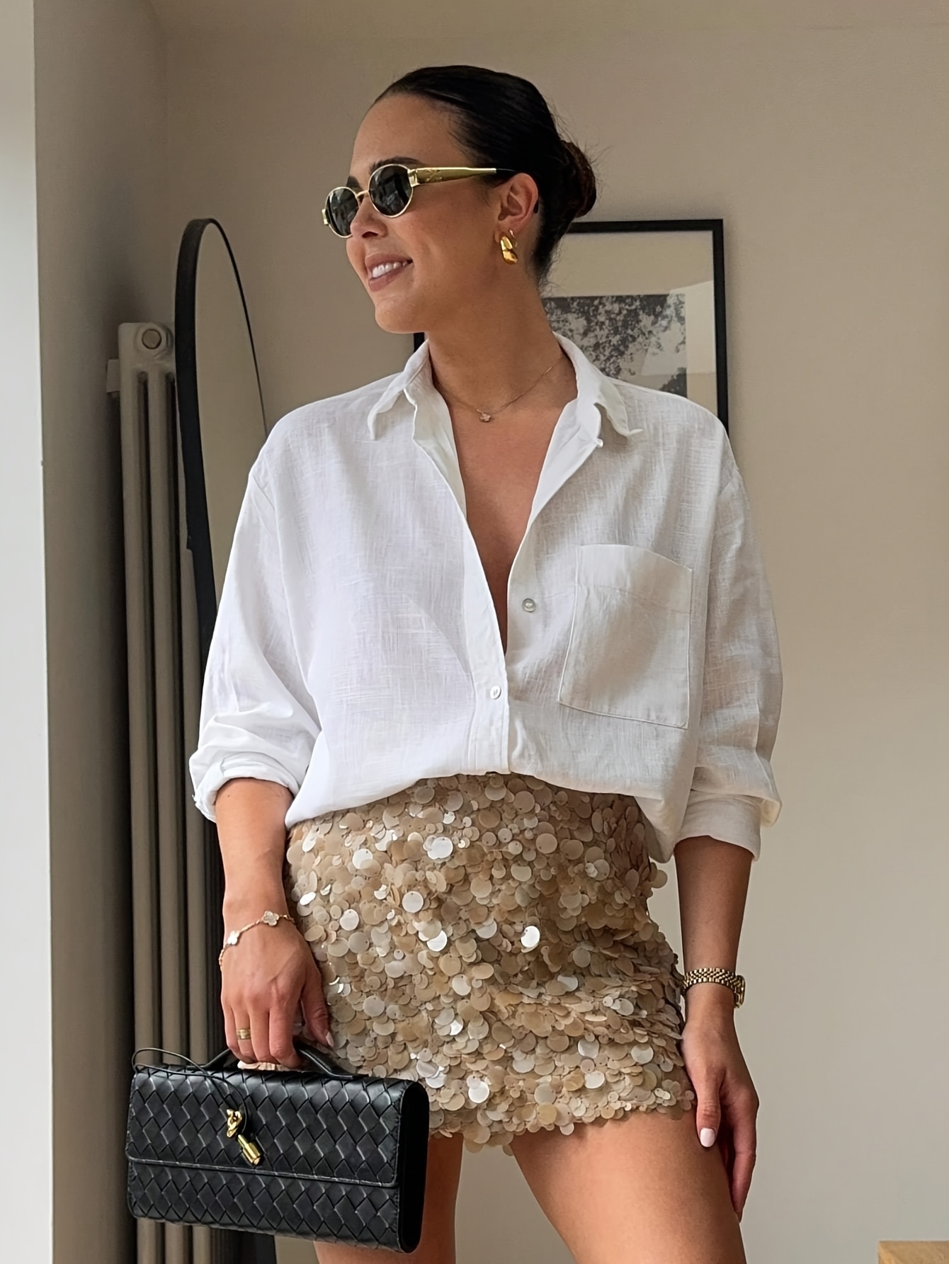 Women'S Sequin-Embellished High-Waisted Mini Skirt Sparkling Beige  White Glittery Design, Loose Fit Casual Streetwear for Spring Fall,  All-Seaso