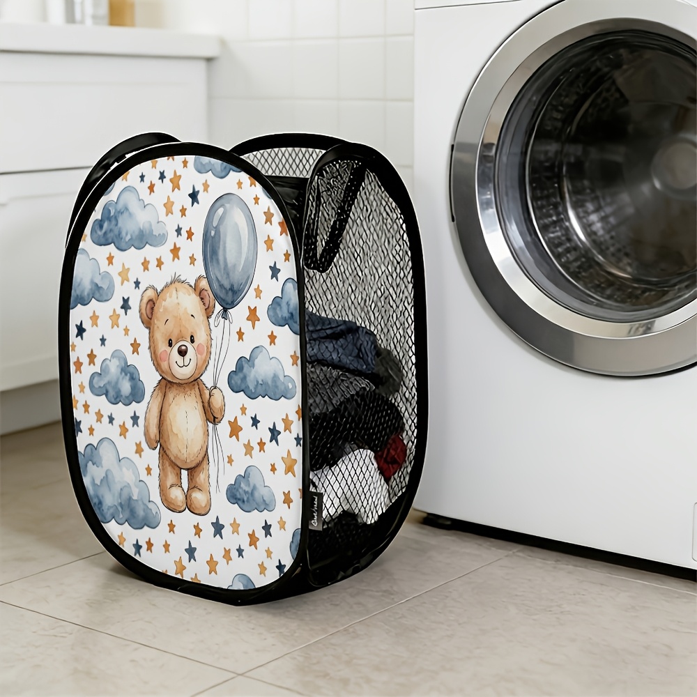 TEMU 1pc Modern Nursery Laundry Hamper With Teddy Bear & Balloon Pop-up Collapsible Basket - Foldable Mesh Storage Suitable For Room, Nursery,