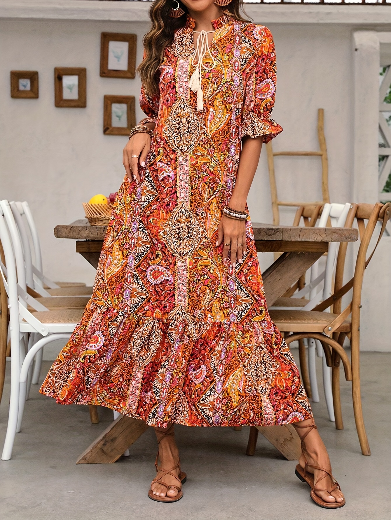 Paisley Print Tassel Tie Neck Dress, Elegant Ruffle Hem Half Sleeve Dress  For Spring Fall, Women's Clothing