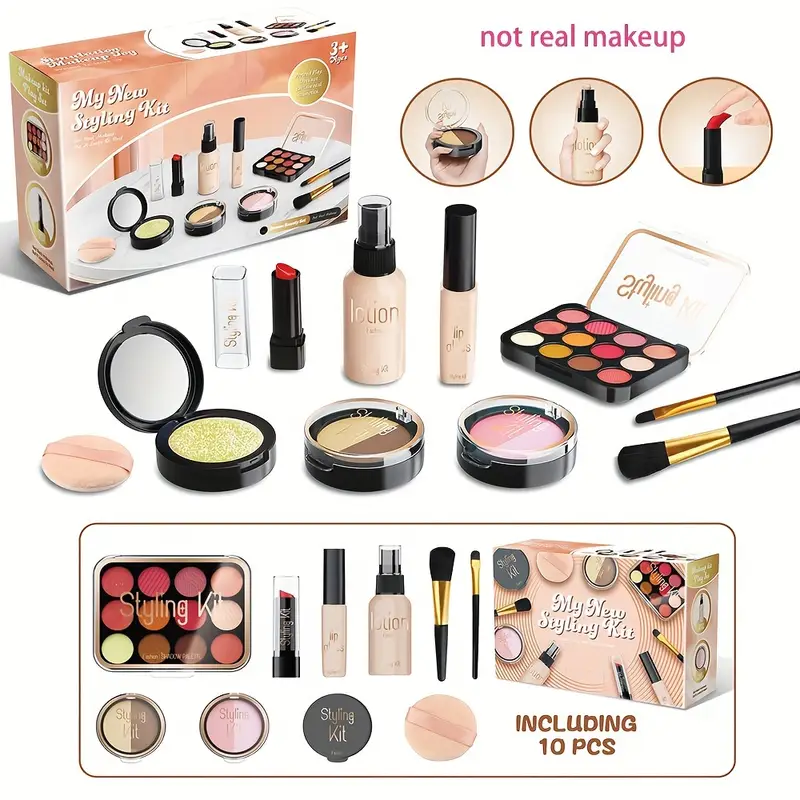childrens makeup set girl dress up game simulation cosmetics set 10pcs set with pc material eye shadow palette powder compact lipstick powder puff toddler pretend makeup toy suitable for birthday party games and makeovers gift for little girls birthday gift non no liquid only simulation details 8