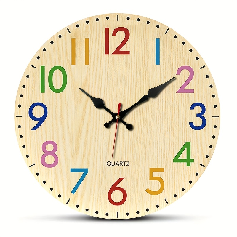 Image of 1 Wooden Round Wall Clock, Brown With Colorful Theme Design, Silent Non-ticking Movement, Perfect For Home Holiday Decor And Gift-