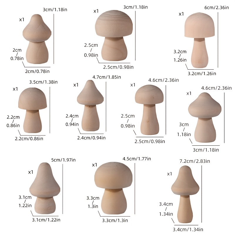 TEMU Unpainted Wooden Mushroom-shaped Blanks, 10 Sizes, Diy Paintable Wooden Crafts, Home Decor