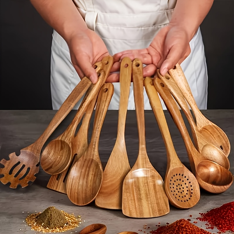 10pcs Wooden Kitchen Utensil Set, Natural Wooden Spoons – Premium Kitchen Tools, Suitable for Stirring, Mixing, and Serving – Durable, Ideal for Home Chefs, Great Gift Choice for Mother's Day, Father's Day, Christmas, and Other Holidays