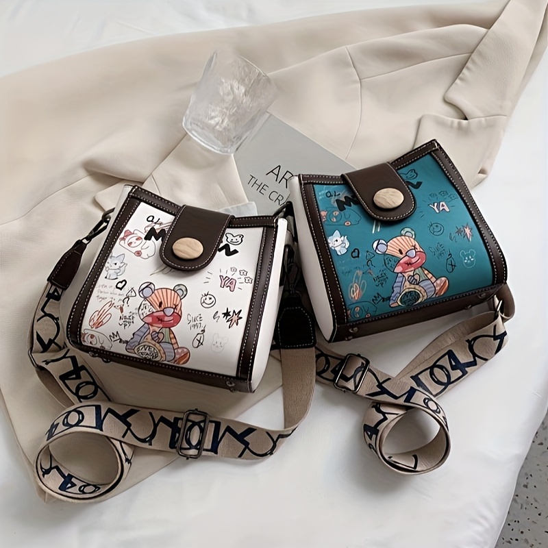 

Cute Bear Graffiti Shoulder Bag, Stylish Crossbody Bag, Adjustable Shoulder Strap Small Square Purse
