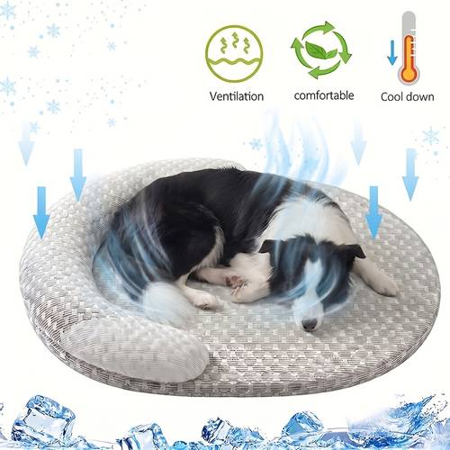 Summer Cooling Dog Bed with Raised Neck Pillow, Breathable Pet Cooling Cat Mat, Non-Slip Washable Round Bed for Indoor Cats & Small Dogs