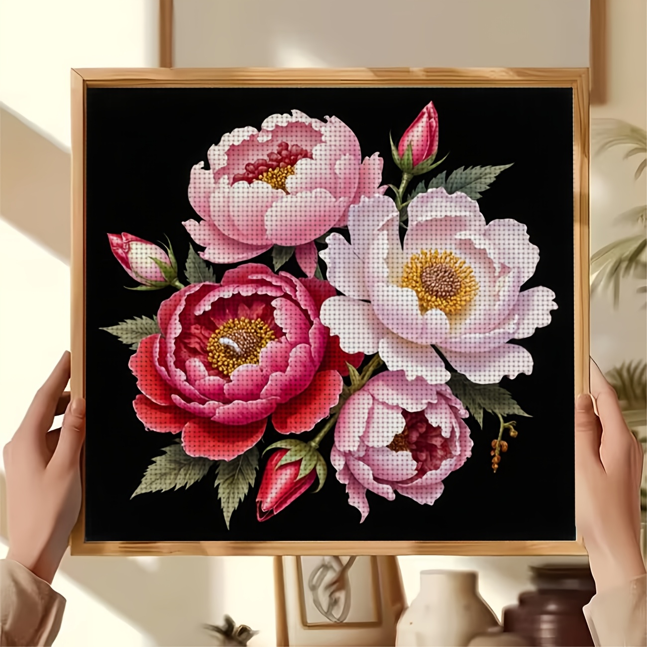 DIY Cross-Stitch Printing Kit Featuring Peony on Black Background, Perfect for Beginners