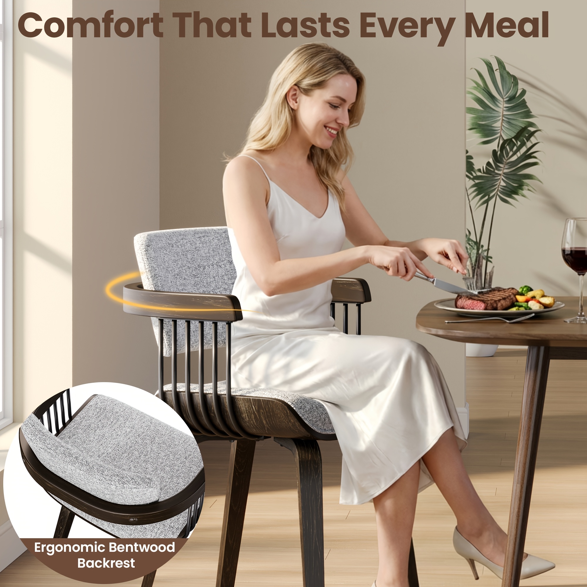 Two Ergonomic Wooden Dining Chairs, Curved Bentwood Backrest And Seat, High-Density Foam Cushion, Modern Semi-Armrest Kitchen Chair