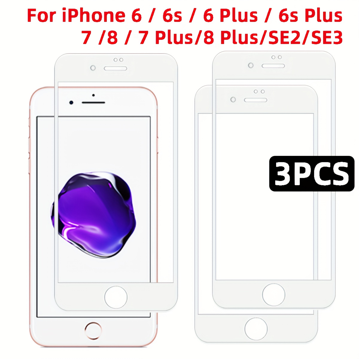 3pcs Screen Protector White Hd Tempered Glass Film For Iphone 6/6s/6 Plus/6s Plus/7 Plus/8 Plus/7/8/se2/se3/se 2020/se 2022, Full Coverage, High Hardness