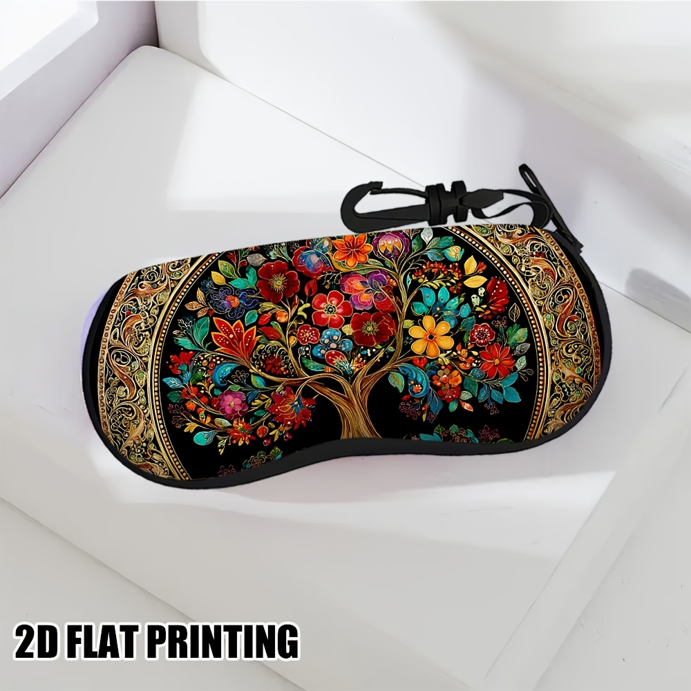 TEMU Étui à lunettes plat 2D, 1 pièce, motif floral arbre de vie plat 2D avec fermeture éclair et porte-clés, étui à lunettes portable ultra-léger,