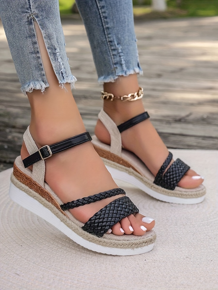 womens woven design sandals with adjustable ankle strap thick platform wedge heel breathable   cover open toe summer     for vacation   and warm weather durable rubber sole strappy sandals Product details 10