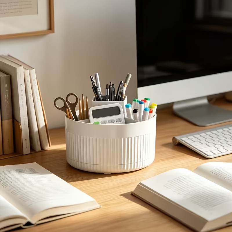 TEMU Organisateur de bureau rotatif amélioré avec table et tiroir, boîte de rangement de bureau en plastique avec 5 compartiments - Porte-stylo,