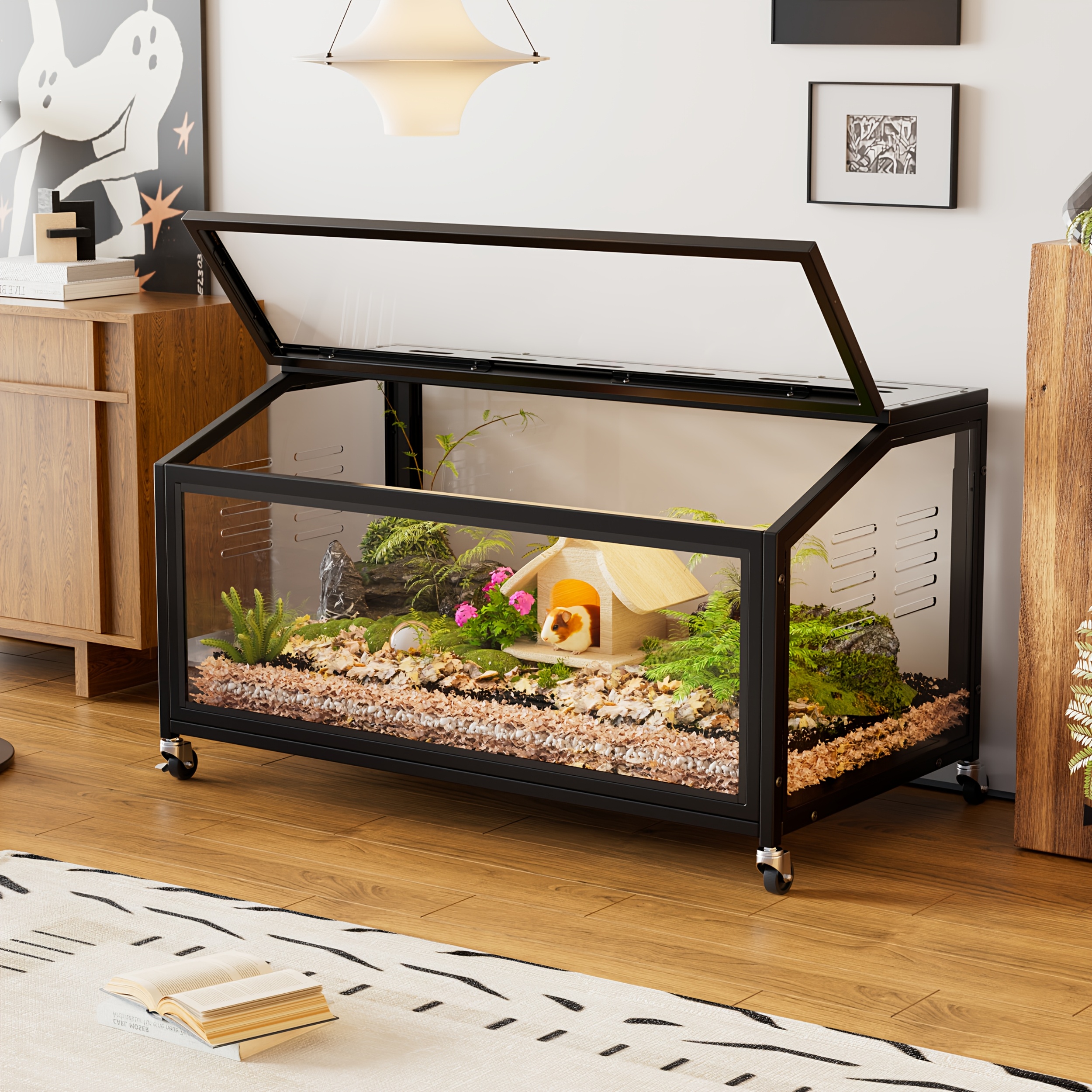 TEMU Hamster Cage With Wheels Suitable For Small Pets - Heavy-duty Chewproof Metal Frame & Lockable Swivel Doors, Spacious Multi-room Rodent Habitat